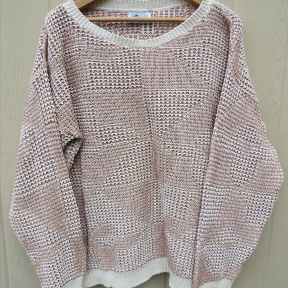 80s 90s Vintage Bass L Chunky Knit 100% Cotton Sweater Ivory & Tan